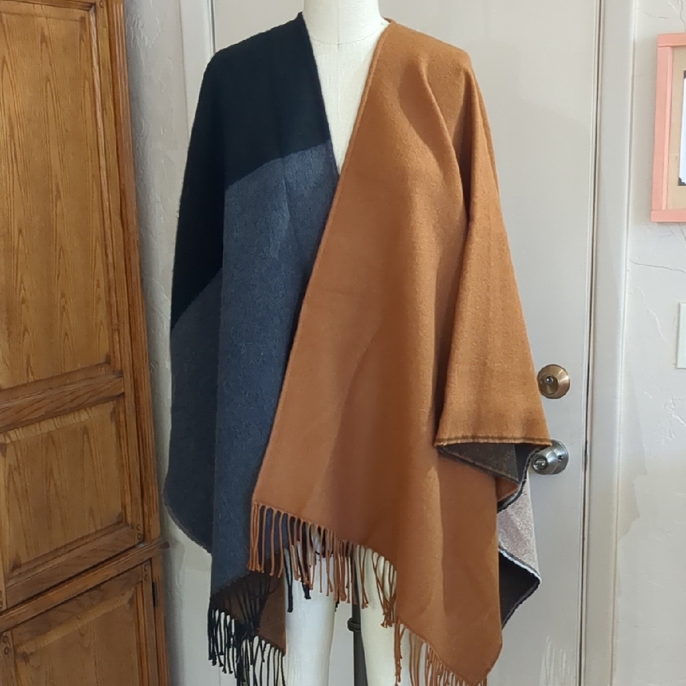 Colorblock Cape in Black, Grey, and Brown With Fringe